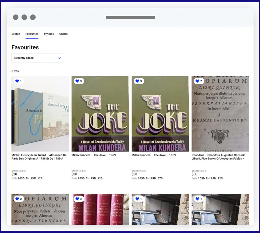 Buyer favourites page showing saved lots with heart counts and starting bids